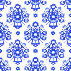 Watercolor blue patterns in Gzhel style geometric seamless pattern 01