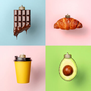Christmas decorations of chocolate, avocado, croissant and coffee cup