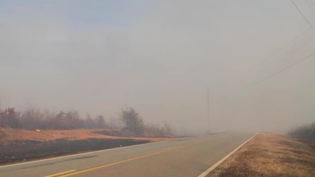 orest fire smoke rolling across a rural country road
