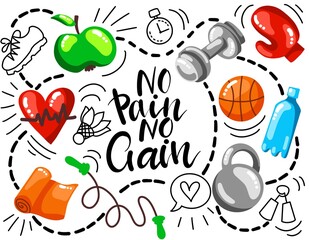 hand drawn illustration of lettering qoute no pain no gain and differet sport equipment isolated on white background