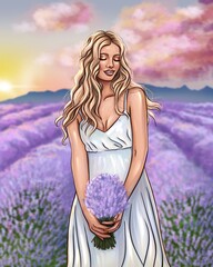 illustration of portrait of beautyful caucasian woman in white dress at lavender field at sunset with blured background