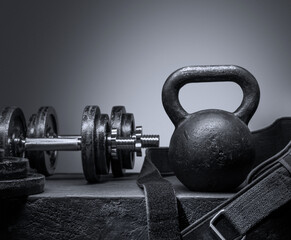 Kettlebell and sports dumbbells for training in the gym.