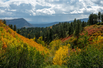 Valley of Autumn Color, Light, Shadow, and Dramatic Skies Over the Mountains Above Durango Colorado