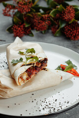 Shawarma sandwich gyro fresh roll of lavash chicken beef shawarma falafel RecipeTin Eatsfilled with grilled meat, mushrooms, cheese. Traditional Middle Eastern snack