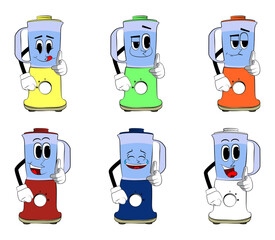 Food Blender pointing at the viewer with his hand as a cartoon character with face. Electric kitchen equipment for food processing.