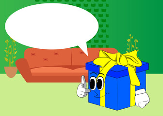 Gift Box with pointing at the viewer with his hand as a cartoon character. Holiday, Celebration surprise with happy face emotion.