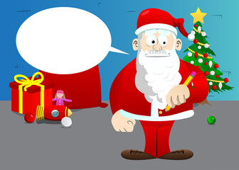 Santa Claus in his red clothes with white beard writing with pencil. Vector cartoon character illustration.