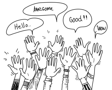 hand drawn of hands up, clapping ovation. hands gesture on doodle style. vector illustration