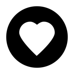 Heart icon in circle. White sign in black. Romantic symbol. Creative art design. Vector illustration. Stock image. 