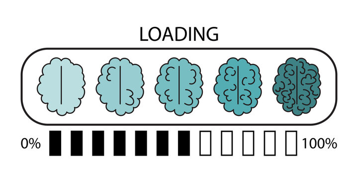Brain loading icon. Creative blue art. Percent symbols. Knowledge sign. Cartoon design. Vector illustration. Stock image.