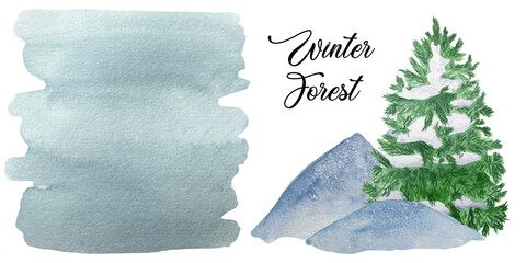 Watercolor blue snow mountain and forest tree isolated on white. Nature, ecology, eco illustration