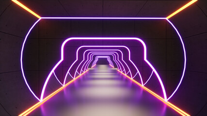 3d render of a tunnel with purple and orange neon light. 3d background
