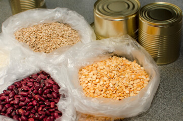 Various cereals and canned meat. Long-term storage products.