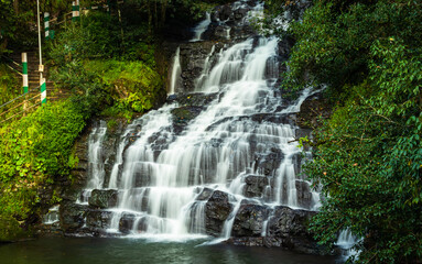 waterfall white stream flowing in deep green forests at evening long exposure shot - obrazy, fototapety, plakaty