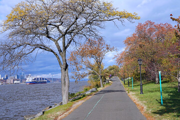 Riverside park running and biking trail beside the Hudson River in Manhattan