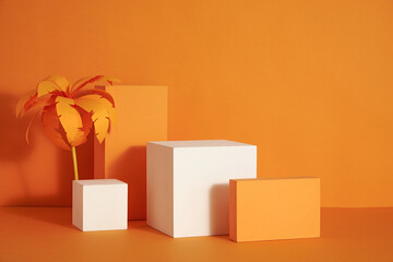 Front view of white and orange podium in a orange background for advertising , abstract content