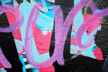 Pink, magenta, cyan and black graffiti on wall - obrazy, fototapety, plakaty