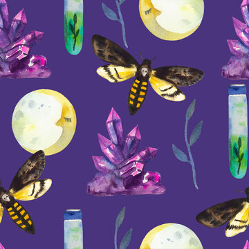 Seamless pattern with magic elements, crystals, moths and alchemy bottles. Watercolor hand drawn illustration.