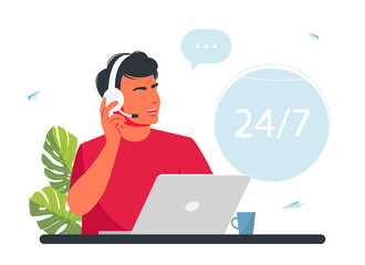 Fototapeta na wymiar Operator call center. Customer service. Man with headphones, microphone with a laptop. Concept vector illustration for support. hotline operators consult customers with headsets on computers