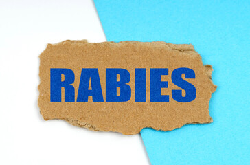 On a blue and white background lies a piece of cardboard with the inscription - RABIES - Powered by Adobe