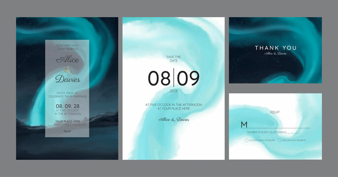 beautiful watercolor aurora borealis northern lights wedding invitation card template