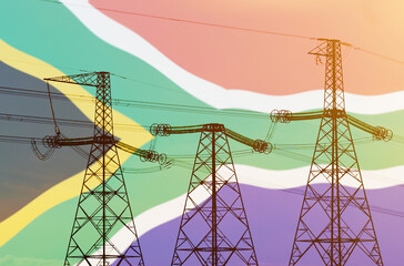 Double exposure - power line, tower and flag South Africa