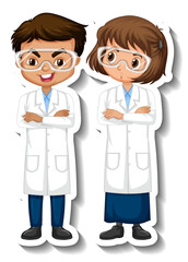 Fototapeta premium Scientist couple kids cartoon character sticker