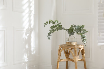 Beautiful eucalyptus branches in vase on wicker table indoors, space for text