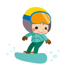 スノーボードを楽しむ可愛い小さな女の子のイラスト　白背景　クリップアート　全身