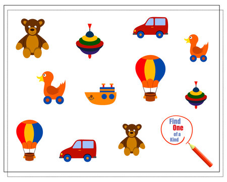 A children's logic game, find the one of a kind. children's toys, cars, balls, bears, airplane, helicopter. vector