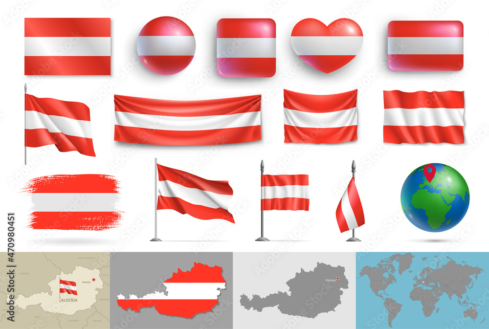 Wall mural austria flags of various shapes and geographic map set. realistic austrian flags, glossy buttons in 