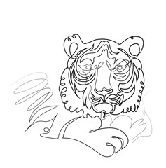 Portrait of a lying tiger in one continuous line, black and white vector drawing. The tiger is a symbol of the 2022 new year.
