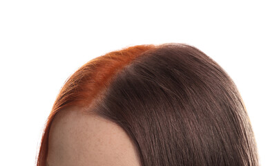 Closeup view of young woman before and after hair dyeing on white background