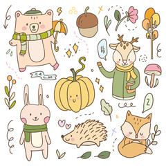 Cute sticker fall autumn baby animal cartoon illustration doodle badges. Hand drawn icon hygge planner collection set.