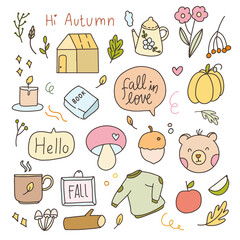 Cute sticker fall autumn element cartoon illustration doodle badges. Hand drawn icon planner collection set.