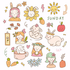 Sticker bunny and little girl aesthetic flat vector. Hand drawn icon planner collection set.