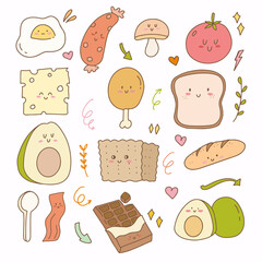 Sticker flat design of bread cheese avocado and egg. Breakfast Hand drawn doodle icon planner collection set.