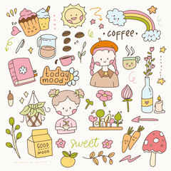Cute hygge Sticker bunny and little girl aesthetic flat vector. Hand drawn icon planner collection set.