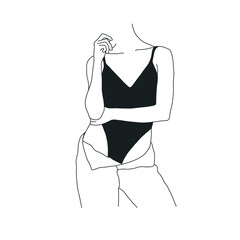 Sensual Linear Minimalistic Female Figure In Underwear. Abstract Vector Illustration Of The Woman Body. Design Idea For Tattoo, Card, Poster, Logo. Trendy Drawing For Underwear Magazine And Promotion
