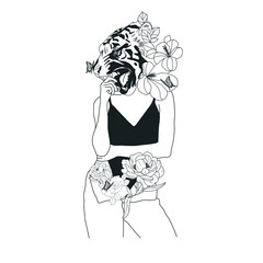 Tiger head with woman body and flowers. Hand drawing contemporary art. Design for t-shirt, poster. Vector illustration. 