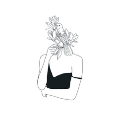 Minimalistic Woman Figure With Flowers And Bird. Sensual Vector Illustration Of Female Body In Trendy Linear Style With Blooming Nature Elements. Design for t-shirts print, poster, tattoo, logo, card