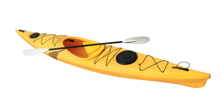 Yellow Kayak With Paddle Isolated On White. Outdoor Activity