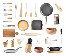 Set with different kitchenware on white background