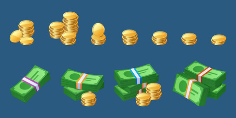 Money cash icons in stacks with different number of coins and bills. Vector cartoon set of bank currency with green banknotes in bundles and golden coins isolated on blue background - obrazy, fototapety, plakaty