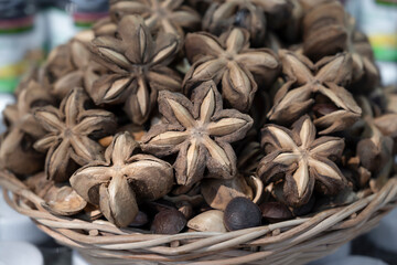Close-up of dried sacha inchi seeds, Sacha peanut. Healthy alternative herbs.