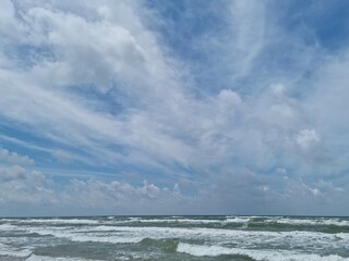 blue sky with clouds and sea water waves