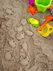 Obraz premium toys on the beach. Plastic shovel and sea animals sculpt toys in the sand. Favorite toys for children are activities on the beach sand. A set of children's beach toys made of colored plastic on the sa