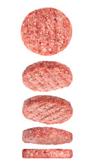 Fresh raw burger patties and falling on white background