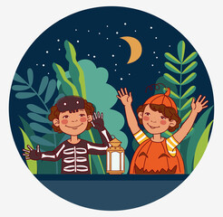 Naklejka premium Cute kids in carnival costumes. Vector illustration