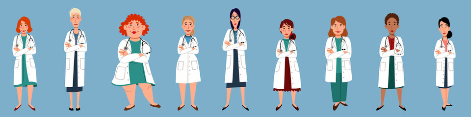 Obraz premium a group of female doctors of different shapes and nationalities in full growth. Vector illustration in a flat style on the topic of medicine.